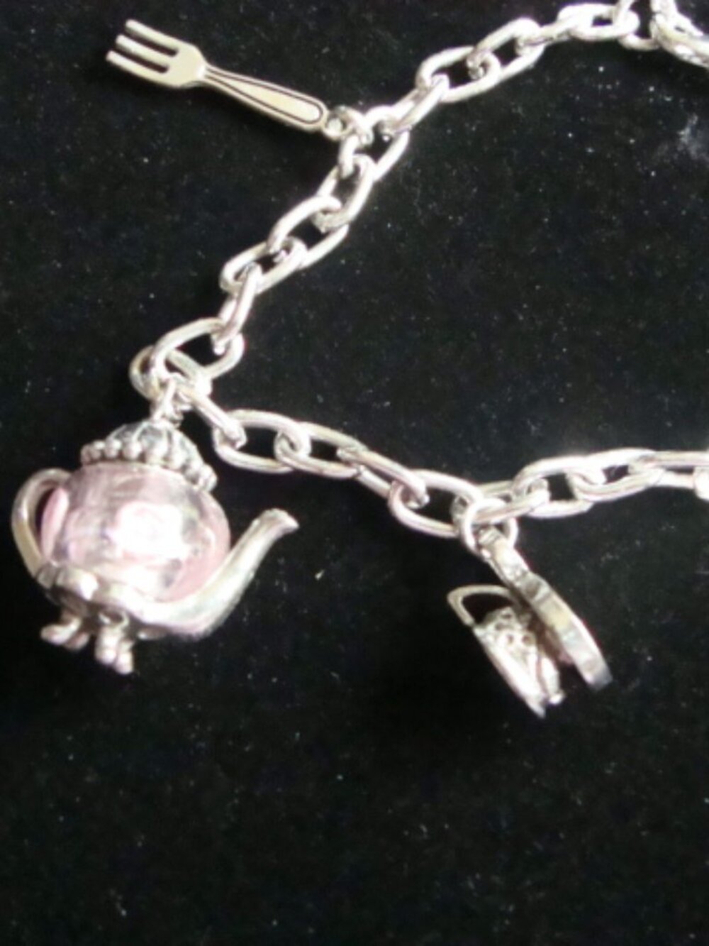 Charm Bracelet Tea Party Time Pink Teapot Cup Fork Spoon
